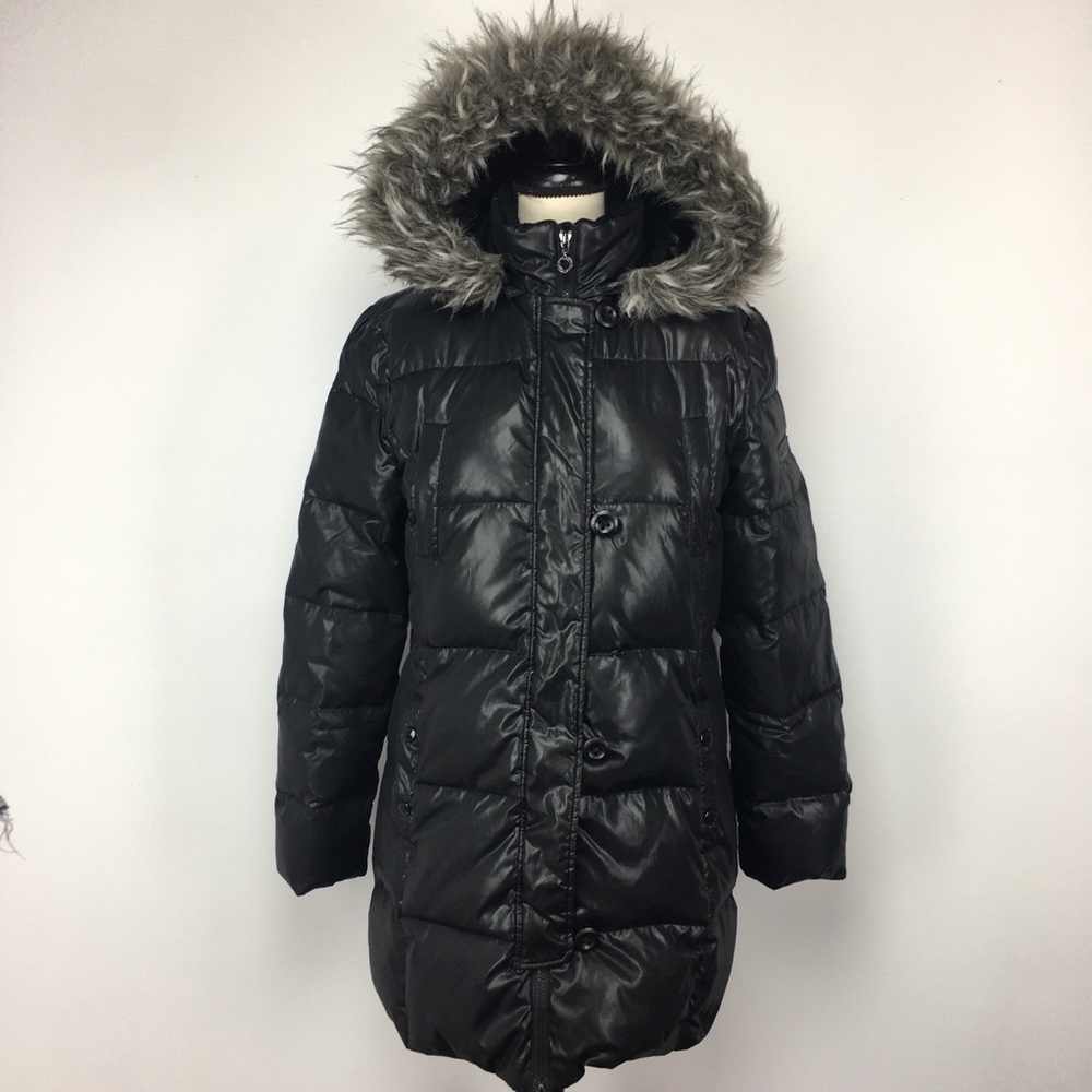 DKNY shiny down puffer coat w/faux fur hood trim!